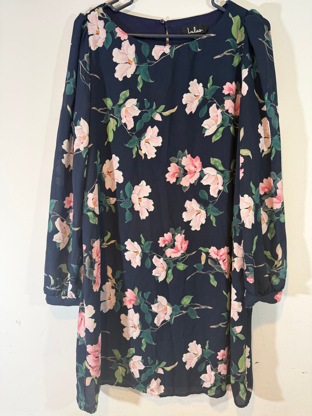 Lulus Rosalinda Shift Navy Blue Floral Lined Dress Size L Event Preppy Boho USA